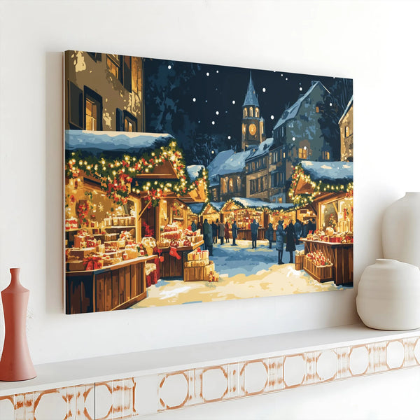 European Winter Village Canvas Art, Christmas Market Canvas Print, Festive Holiday Night Canvas, Snowy City Wall Decor, Chris