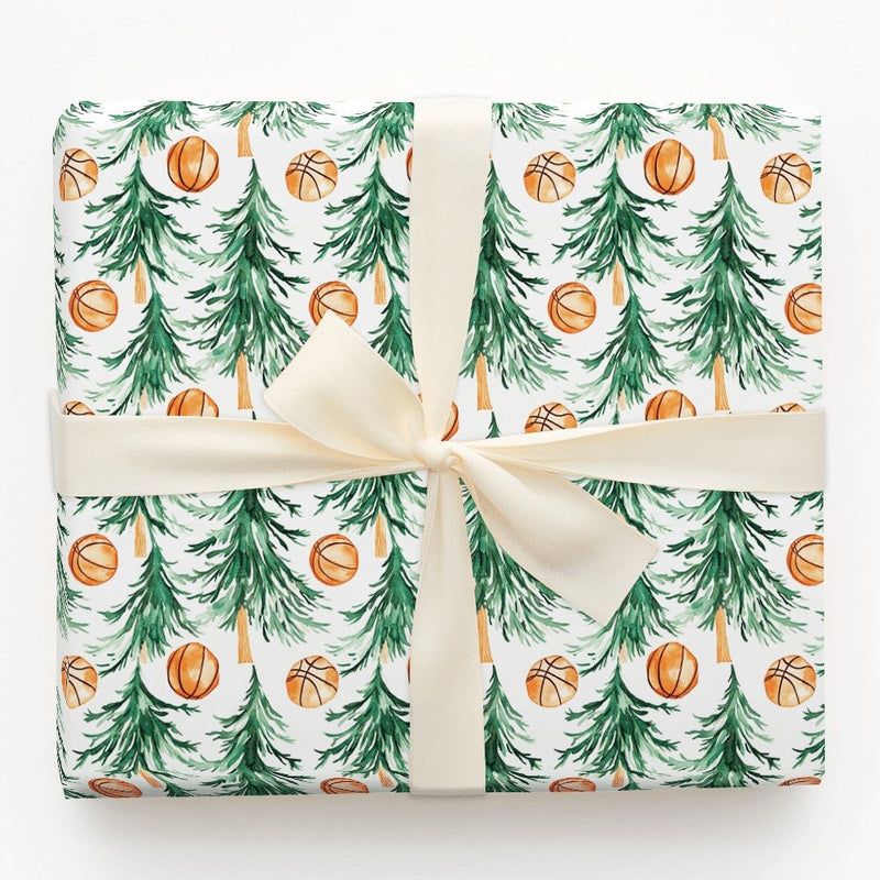 Watercolor Pine Tree Gift Wrap, Basketball Christmas Wrapping Paper, Sports Holiday Present Paper, Basketball Fan Christmas Gift Wrap