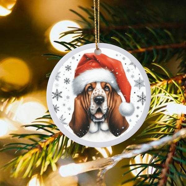 Santa Hat Dog Ceramic Ornament, Basset Hound Christmas Ornament, Adorable Puppy Holiday Ornament, Winter Tree Decor, Present 