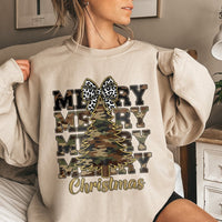 Leopard Bow Holiday Sweater, Camo Christmas Tree Sweatshirt, Rustic Country Xmas Crewneck, Winter Graphic Pullover, Christmas Present for Her