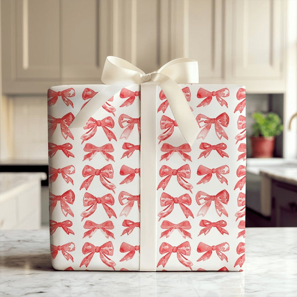 Watercolor Bows Gift Wrap, Red Bow Wrapping Paper, Festive Holiday Bow Wrapping Paper, Christmas Gift Wrap, Elegant Birthday 