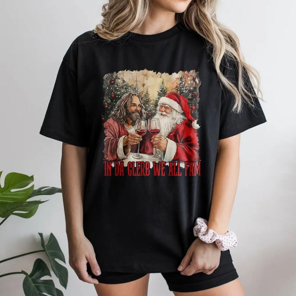 Humorous Drinking Christmas Shirt, Santa and Jesus Drinking Wine T-Shirt, Holiday Party Humor Graphic Tee, Xmas White Elephan