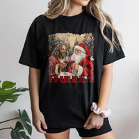 Humorous Drinking Christmas Shirt, Santa and Jesus Drinking Wine T-Shirt, Holiday Party Humor Graphic Tee, Xmas White Elephant Present T-Shirt