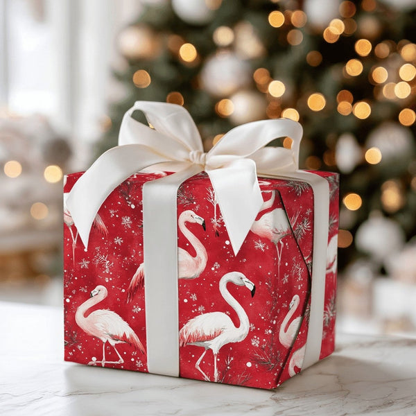 Tropical Winter Gift Wrap, Christmas Flamingo Wrapping Paper, Red Snowflakes Holiday Present Paper, Festive Flamingo Present 