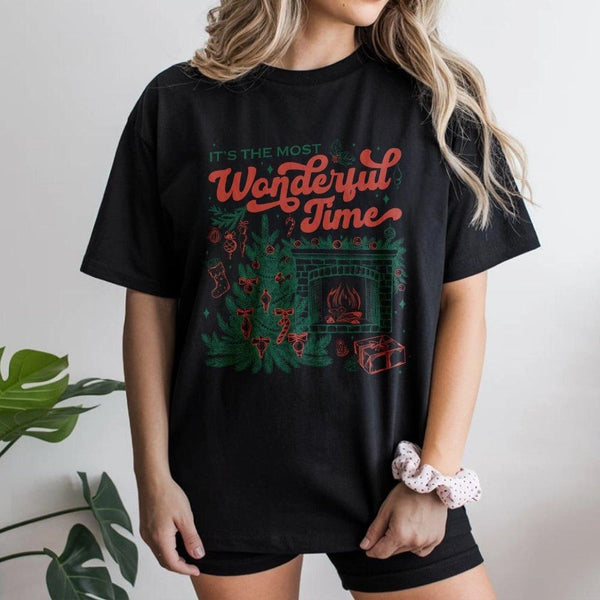 Retro Fireplace Holiday Graphic Tee, It's the Most Wonderful Time Christmas T-Shirt, Comfy Xmas Tree Shirt, Festive Holiday G