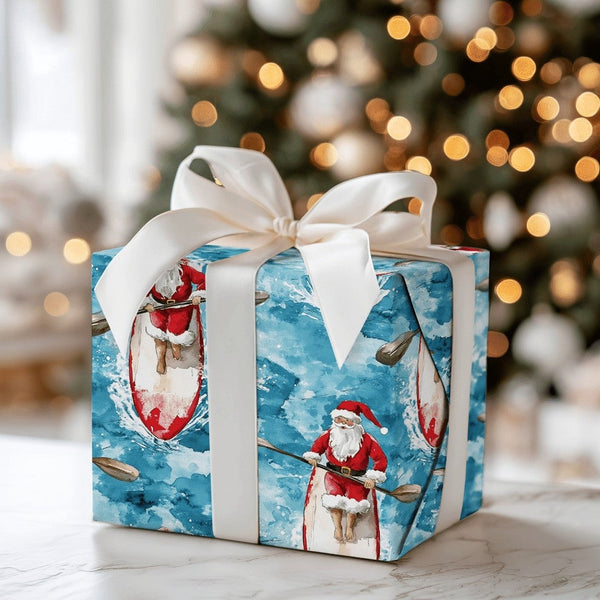 Coastal Watercolor Santa Claus Gift Wrap, Paddleboard Santa Wrapping Paper, Beach Holiday Paper, Nautical Christmas Wrapping 