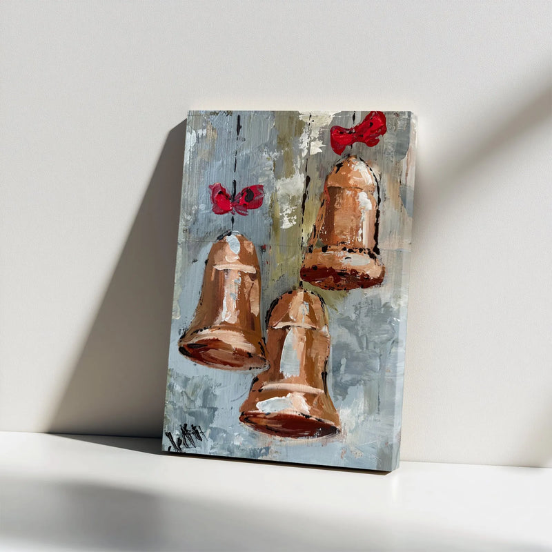 Painted Copper Ornaments Canvas, Christmas Bells Canvas Wall Art, Festive Red Bow Canvas Print, Holiday Wall Art, Christmas Home Decor Present