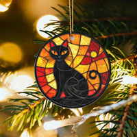 Faux Glass Cat Christmas Ornament, Stained Glass Black Cat Ornament, Ceramic Black Cat Tree Ornament, Holiday Keepsake Present for Cat Lovers