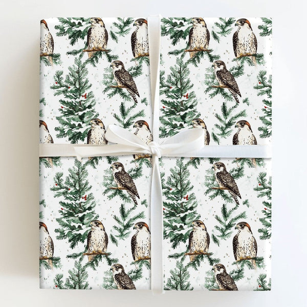 Snowy Pine Tree Bird Gift Wrap, Falcon Christmas Wrapping Paper, Watercolor Hawk Gift Wrapping Paper, Winter Wildlife Holiday
