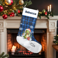 Blue Plaid Dino Holiday Stocking, Personalized Dinosaur Christmas Stocking, Custom Name Kids Stocking, Boy Family Christmas Stocking
