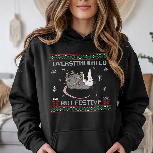 Humorous Christmas Lights Sweatshirt, Overstimulated but Festive Possum Hoodie, Quirky Holiday Pullover, Adorable Possum Wint