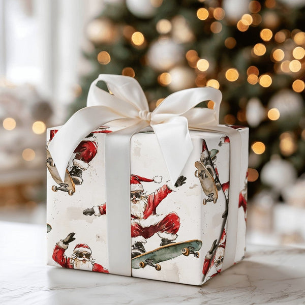 Sunglasses Santa Gift Wrap, Skateboarding Santa Wrapping Paper, Humorous Christmas Wrapping Paper, Skater Santa Holiday Paper