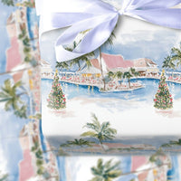 Coastal Resort Watercolor Gift Wrap, Tropical Beach Christmas Wrapping Paper, Ocean Palm Tree Wrapping Paper Roll