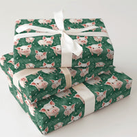 Adorable Watercolor Piglet Gift Wrap, Winter Pig Christmas Wrapping Paper, Dark Green Animal Wrapping Paper, Whimsical Holiday Present Gift Wrap