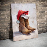 Rustic Christmas Holiday Wall Art, Western Cowboy Boots Santa Hat Canvas Print, Country Xmas Poster, Farmhouse Decor, Digital Download