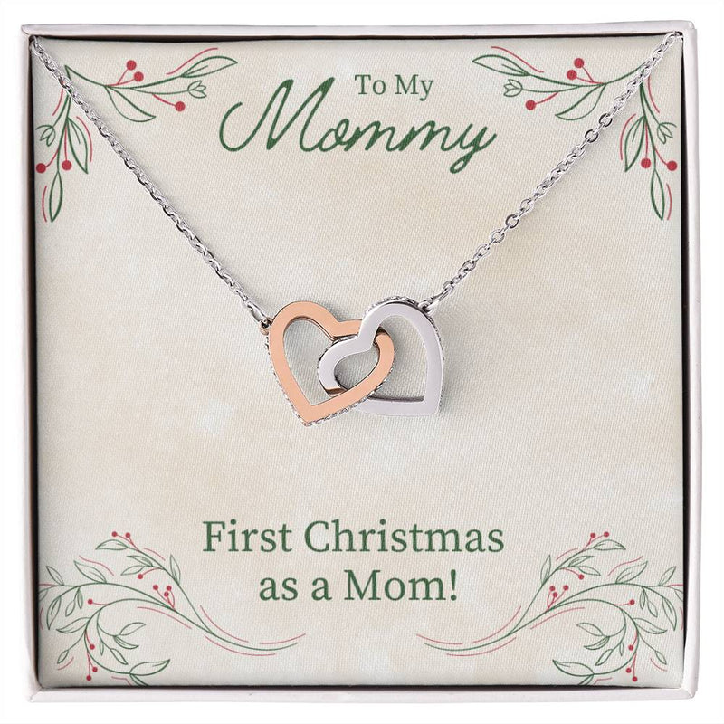 Cubic Zirconia Heart Pendant, First Christmas as A Mom Interlocking Hearts Necklace, Surgical Steel Holiday Keepsake Jewelry for New Mom