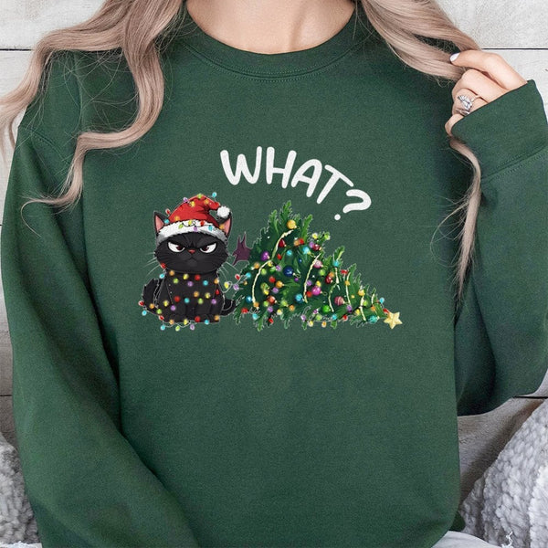 Humorous What Cat Tree Crewneck, Grumpy Black Cat Christmas Sweatshirt, Sarcastic Holiday Cat Sweater, Adorable Pet Lover Xma