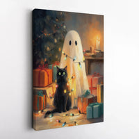Spooky Ghost and Cat Holiday Print, Ghost and Black Cat Christmas Canvas Art, Gothic Christmas Ghost Wall Art, Digital Download Printable