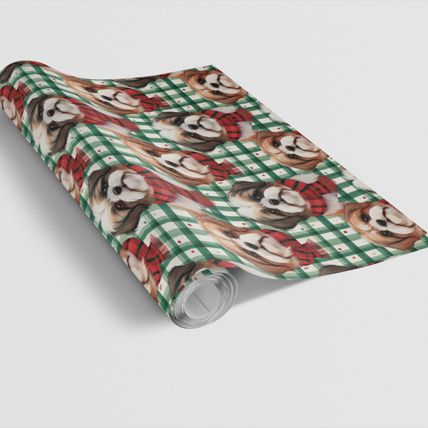 Festive Plaid Dog Gift Wrap, Shih Tzu Christmas Wrapping Paper, Adorable Puppy Holiday Wrapping Paper