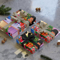 Festive Holiday Kids Gift Wrap, Black Children Christmas Wrapping Paper, Inclusive Xmas Wrapping Paper Roll, Seasonal Present Wrap