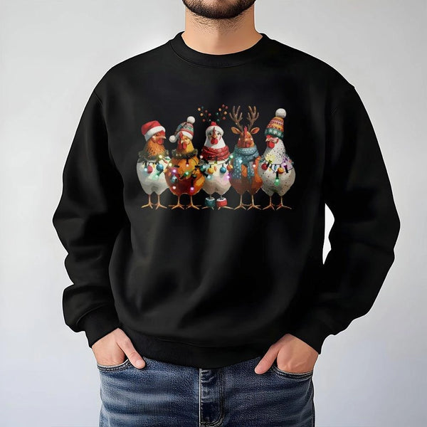 Humorous Farm Animal Holiday Sweater, Christmas Chicken Sweatshirt, Adorable Poultry Lover Crewneck, Festive Farmer Graphic P