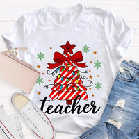 Bow Christmas Tree Colorful Lights Graphic Tee, Teacher Christmas T-Shirt, Festive Holiday Educator Shirt, Xmas Present