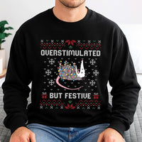 Humorous Possum Christmas Crewneck, Overstimulated but Festive Opossum Sweatshirt, Ugly Xmas Animal Sweater, Holiday Humor Graphic Pullover