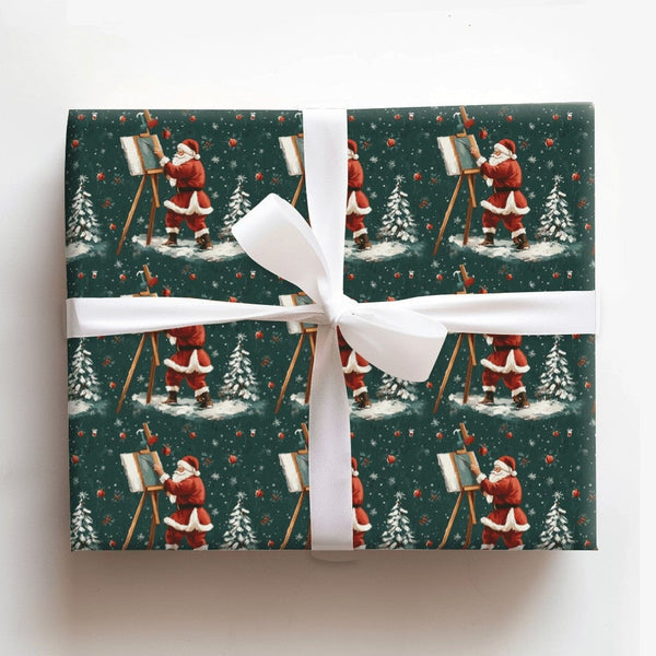 Santa Claus on Easel Gift Wrap, Painter Santa Christmas Wrapping Paper, Artistic Holiday Paper, Winter Forest Art Lover Prese