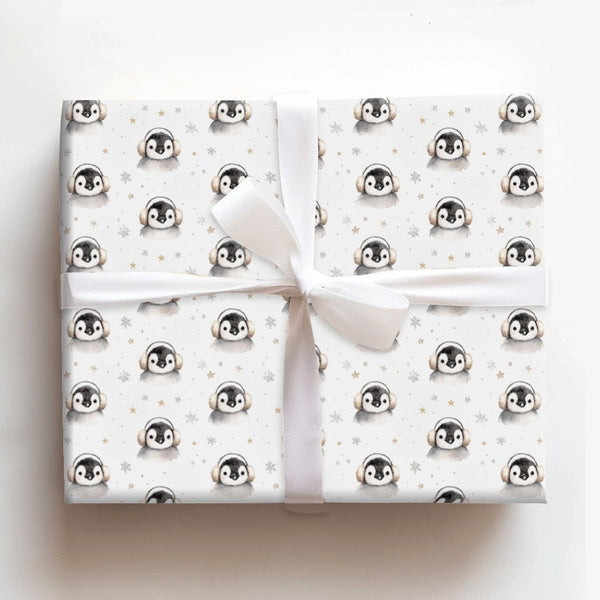 Adorable Watercolor Winter Animal Gift Wrap, Baby Penguin Christmas Wrapping Paper, Snowflake Holiday Wrapping Paper, Festive