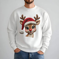 Adorable Faux Knit Rudolph Red Nose Crewneck, Reindeer Christmas Sweatshirt, Vintage Festive Holiday Sweater, Comfy Xmas Graphic Pullover