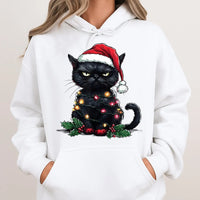 Humorous Santa Kitten Hoodie, Grumpy Black Cat Christmas Hoodie, Retro Spooky Cat Sweatshirt, Holiday Cat Lover Hooded Sweatshirt, Xmas Present