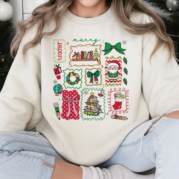 School Supplies Holiday Sweater, Merry Teacher Christmas Sweatshirt, Adorable Educator Xmas Graphic Pullover, Winter Break Te