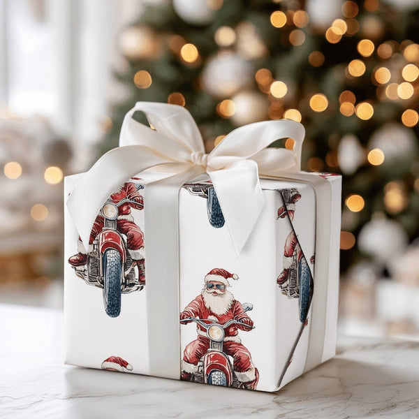 Biker Santa Claus Gift Wrap, Sunglasses Santa Motorcycle Wrapping Paper, Cool Santa Holiday Wrapping Paper, Christmas Motorcy