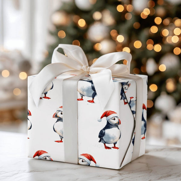Watercolor Christmas Bird Gift Wrap, Santa Hat Puffin Wrapping Paper, Adorable Holiday Puffin Wrapping Paper, Winter Wildlife