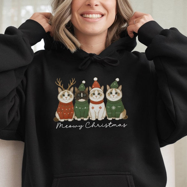 Adorable Cats in Sweaters Graphic Pullover, Meowy Christmas Cat Hoodie, Humorous Holiday Kitten Hooded Sweatshirt, Comfy Cat 