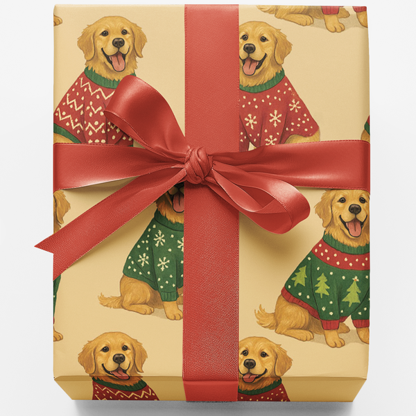 Adorable Dog Christmas Gift Wrap, Golden Retriever Wrapping Paper, Holiday Golden Retriever Wrapping Paper, Festive Puppy Dog