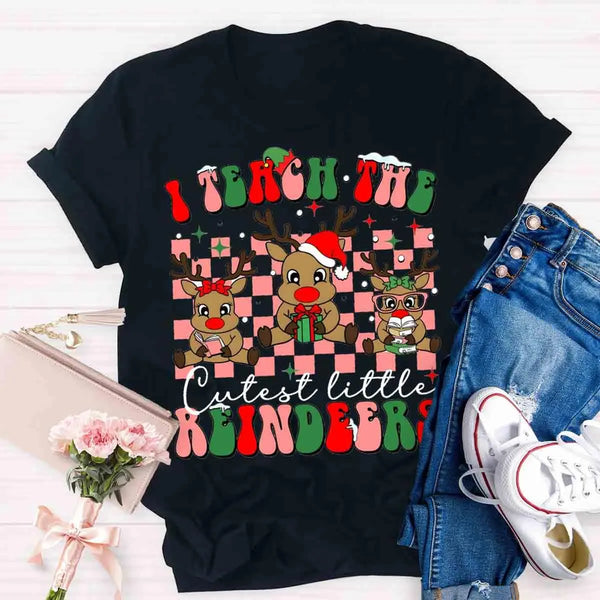 I Teach the Cutest Little Reindeers Shirt, Teacher Christmas T-Shirt, Humorous Holiday Educator Graphic Tee, Xmas Teacher Pre