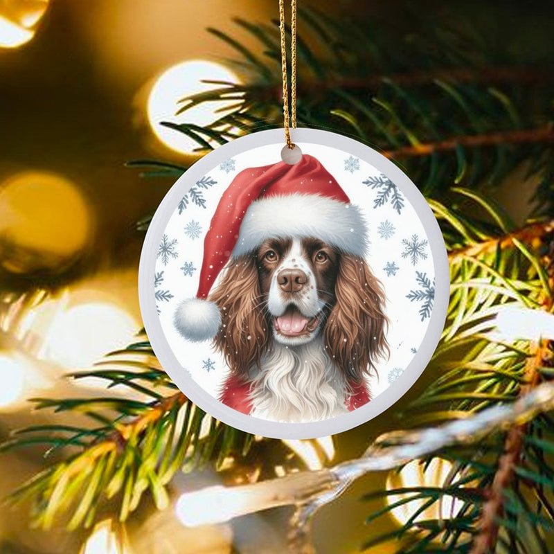 Santa Hat Dog Ornament, English Springer Spaniel Christmas Ornament, Festive Pet Holiday Tree Ornament, Ceramic Dog Lover Keepsake Present
