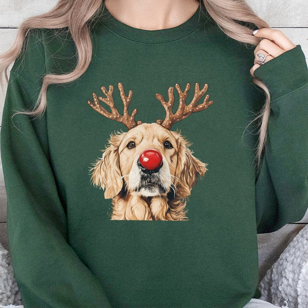 Adorable Reindeer Dog Red Nose Crewneck, Golden Retriever Christmas Sweatshirt, Humorous Dog Lover Xmas Sweater, Holiday Pupp