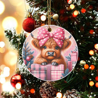 Adorable Baby Cow Pink Bow Ceramic Ornament, Highland Cow Christmas Ornament, Farmhouse Holiday Tree Decor, Rustic Xmas Keepsake Ornament