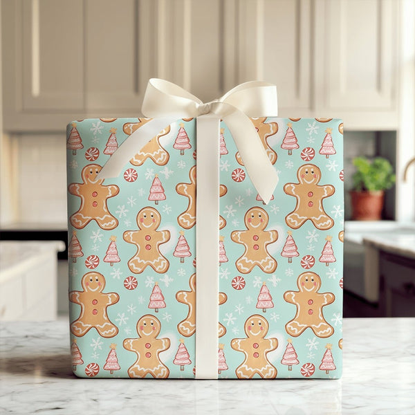 Pink Christmas Tree Gift Wrap, Gingerbread Man Wrapping Paper, Peppermint Holiday Wrapping Paper, Adorable Teal Christmas Pre