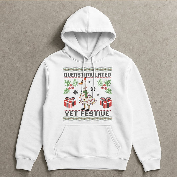 Humorous Duck Christmas Hooded Sweatshirt, Overstimulated Yet Festive Goose Hoodie, Holiday Goose Graphic Pullover, Sarcastic