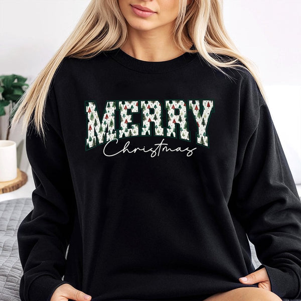 Retro Tree Pattern Holiday Sweatshirt, Merry Christmas Sweatshirt, Vintage Xmas Tree Graphic Sweatshirt, Comfy Winter Holiday