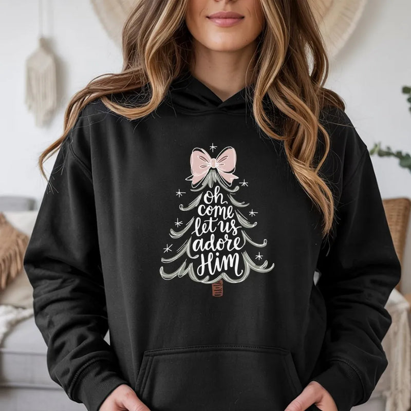 Christian Christmas Tree Hoodie, Oh Come Let Us Adore Him Hoodie, Religious Holiday Sweatshirt, Faith Based Xmas Pullover Hoodie Present