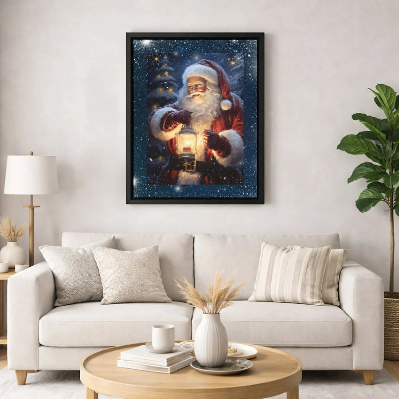 Snowy Lantern Forest Wall Art, Christmas Santa Claus Canvas Art, Winter Holiday Canvas Print, Comfy Xmas Canvas Decor, Home Present
