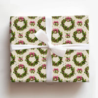 Vintage Christmas Gift Wrap, Holly Wreath Wrapping Paper, Gold Bells Holiday Wrapping Paper, Pink Bow Christmas Gift Wrap Roll