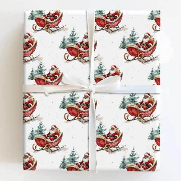 Watercolor Pine Tree Christmas Wrapping Paper, Black Santa Sleigh Wrapping Paper, Inclusive Holiday Gift Wrap, Festive Xmas W