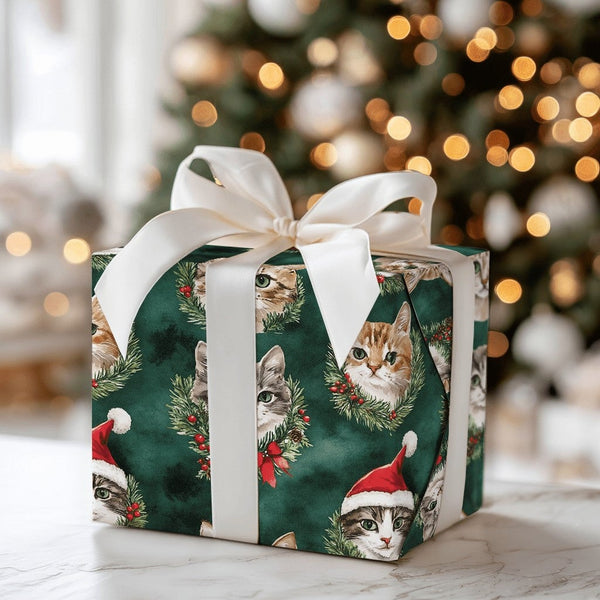 Santa Hat Kitten Gift Wrap, Christmas Cat Wrapping Paper, Holiday Wreath Cat Wrapping Paper, Festive Green Holiday Pet Lover 
