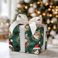 Santa Hat Kitten Gift Wrap, Christmas Cat Wrapping Paper, Holiday Wreath Cat Wrapping Paper, Festive Green Holiday Pet Lover Gift Wrap Roll