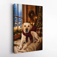 Comfy Cabin Plaid Scarf Holiday Dog Portrait, Yellow Labrador Christmas Canvas Print, Winter Pet Decor, Lab Lover Digital Download